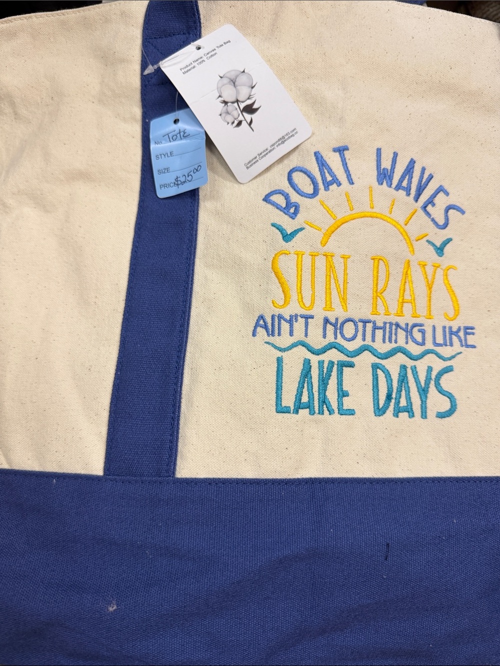 Canvas Tote Bag with Blue Trim - 'Boat Waves Sun Rays' Embroidery